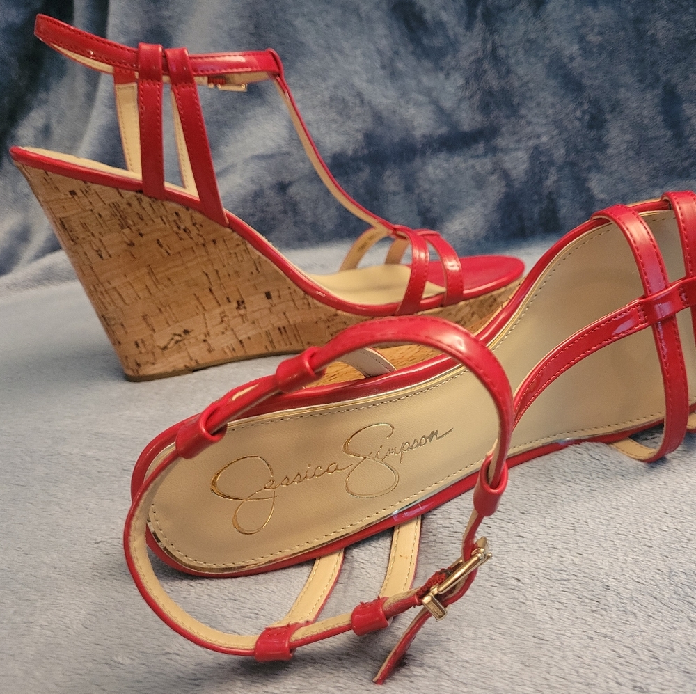 Jessica Simpson Fire Red, Cork Platform, Strappy Wedges Size 10 (Almost New)